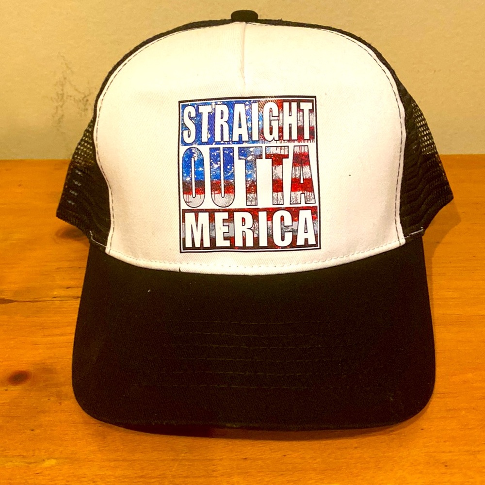 Black Straight Outta America Adjustable Mesh Back Trucker Style Hat